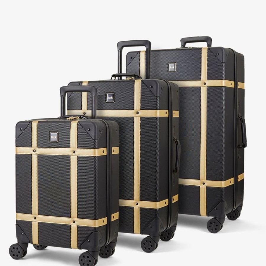 Luggage Rock Luggage | Rock Vintage 3 Piece Hardsided Luggage Set - Black/Gold